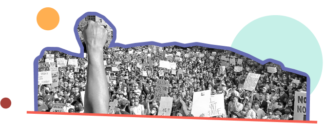 A black and white photo of a fist raised in front of a large crowd of protestors holding signs. The photo is outlined in purple and red with colorful circles.