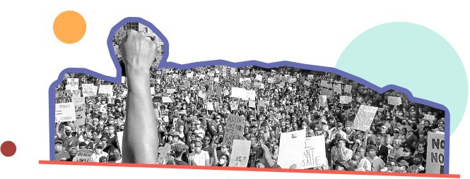 A black and white photo of a fist raised in front of a large crowd of protestors holding signs. The photo is outlined in purple and red with colorful circles.