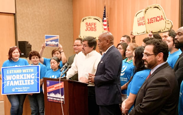 Labor and community organizers with the Build Houston Better campaign, launched after Hurricane Harvey, and Houston Mayor Sylvester Turner announce a major legislative win to improve worker protection, wages and training access. (Photo credit: Workers Defense Project.)